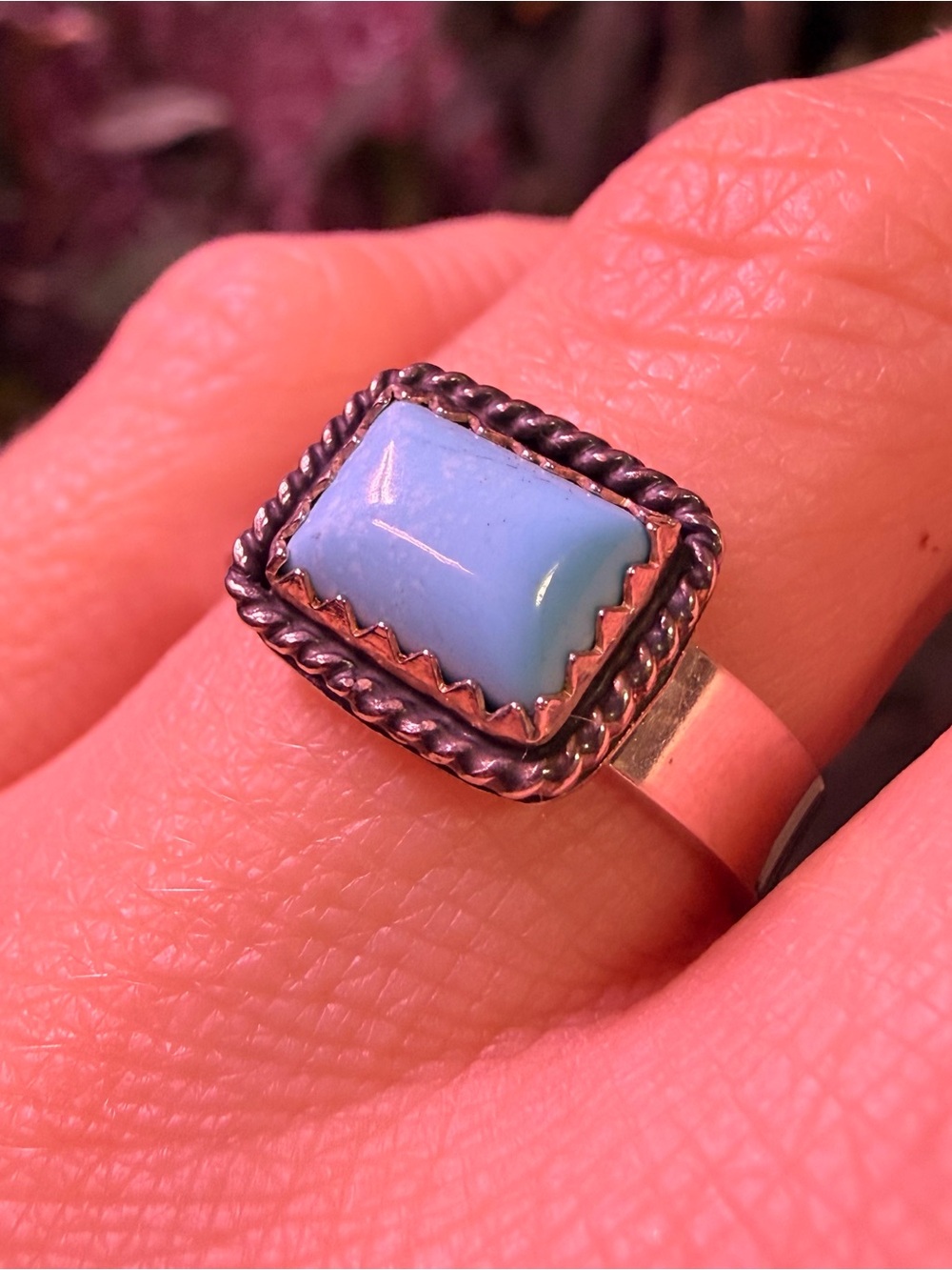 Vintage Handmade Sterling Silver Ring Blue Cabochon Rectangular Artisan Stacking
